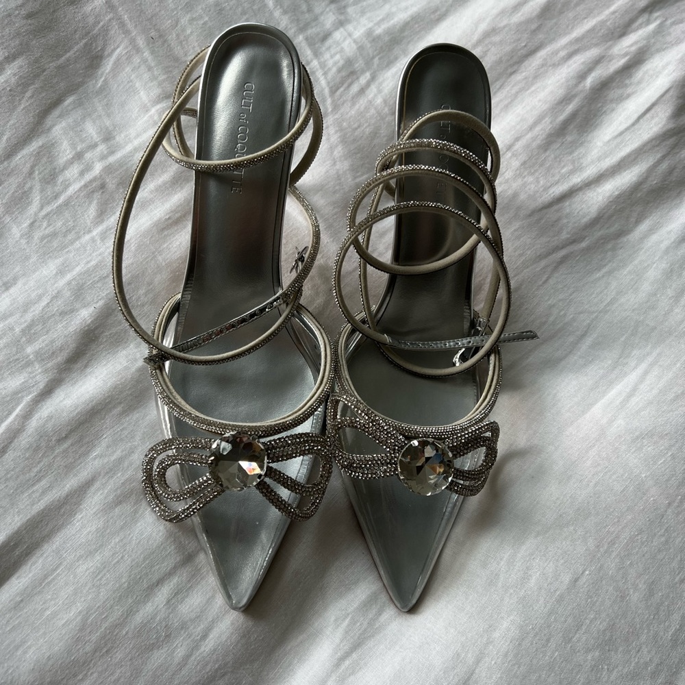 Brand new Ella Double Bow Clear Glass Slippers with Crystal Ankle Tie - Picture 5 of 9